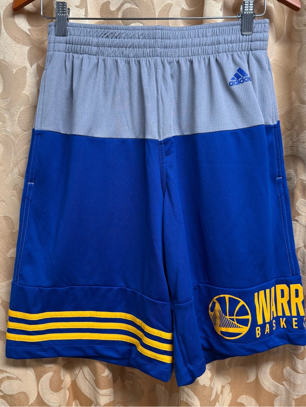adidas Blue and Gray Warriors Basketball Shorts with Yellow Trim